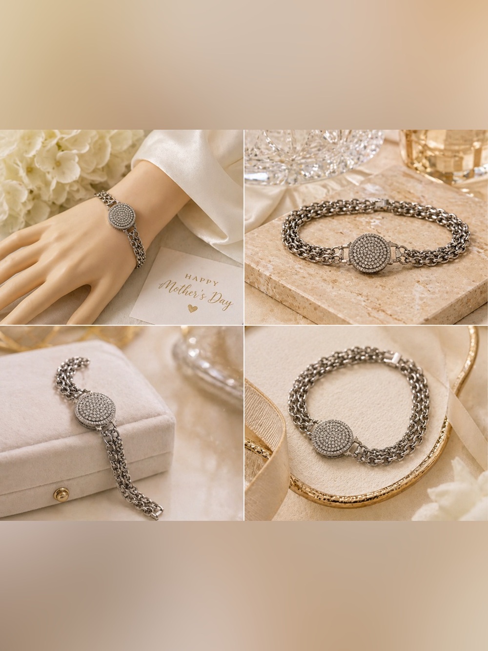 Sterling Silver-Tone Pavé Disc Chain Bracelet - Silver